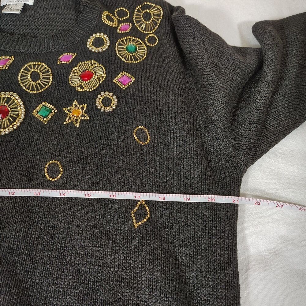Vintage 80s Gold Beaded Sweater Womens Size L Black Embellished Jewel Knit - Picture 8 of 8